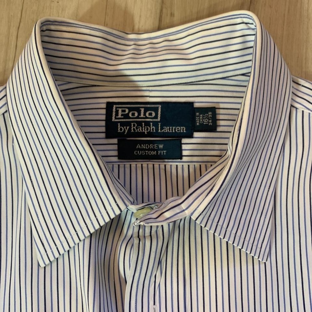 Classic striped blue and white Ralph Lauren Polo button down shirt‎